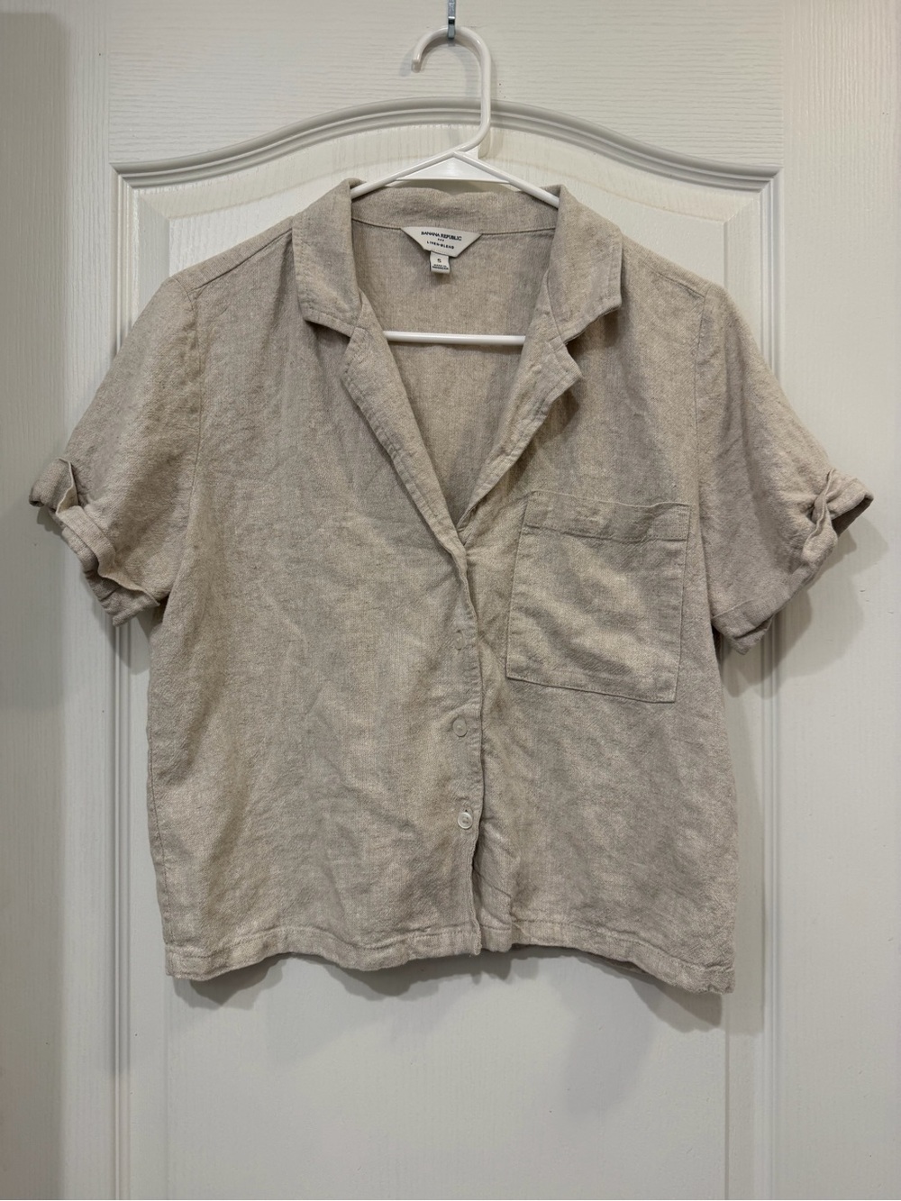 Banana Republic Small Beige Linen Blend Short Sleeve Button-Up Shirt